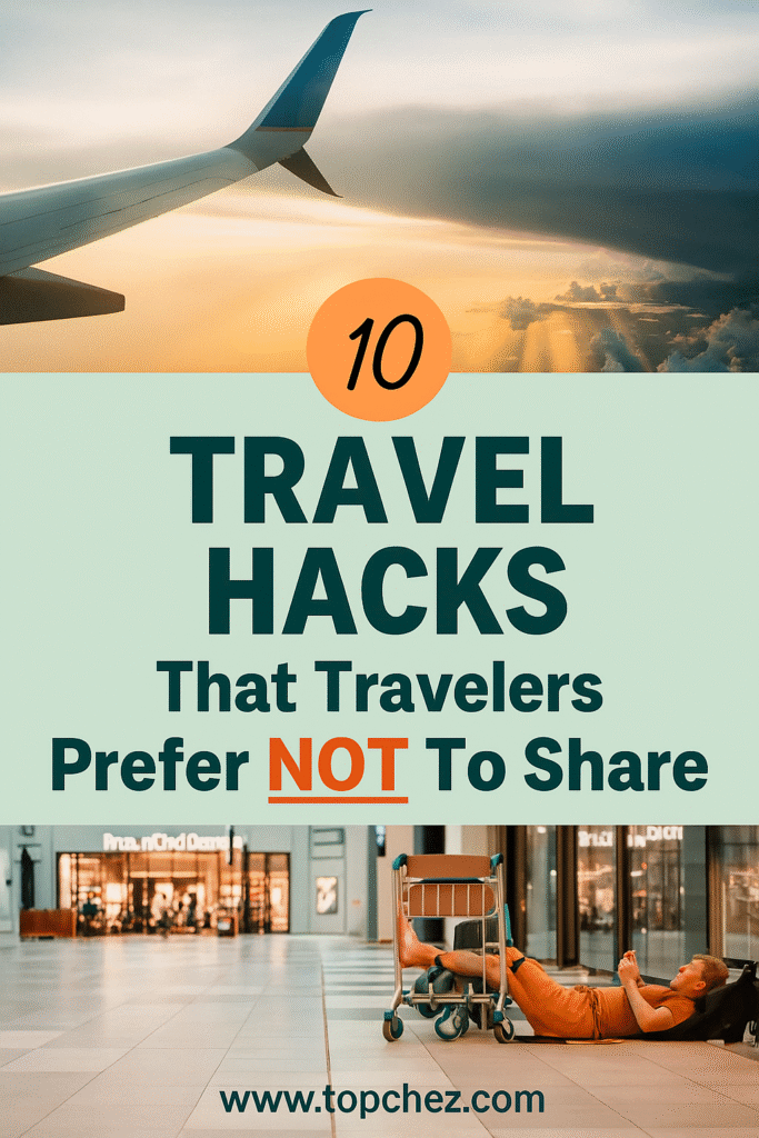 Airplane wing in the clouds with bold text reading "10 Travel Hacks That Travelers Prefer NOT To Share" — airport traveler sleeping on bench below