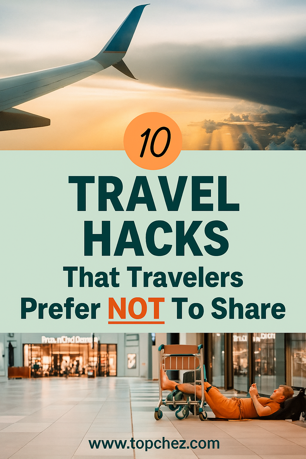 10 Travel Hacks That Travelers Prefer NOT To Share Airplane wing in the clouds with bold text reading "10 Travel Hacks That Travelers Prefer NOT To Share" — airport traveler sleeping on bench below